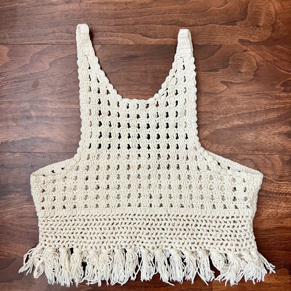 Zara Trafaluc Crop Crochet Tank Top Cream Ivory Fringe Boho Summer Beach Size S